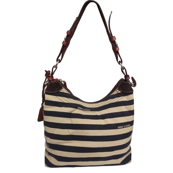 Dooney & Bourke Stripe Hobo Bag Shoulder Bag Black Beige Brown Leather Trim - Picture 1 of 16